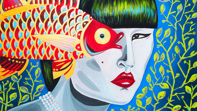 dipinto banner donna con pesce gioielleria 