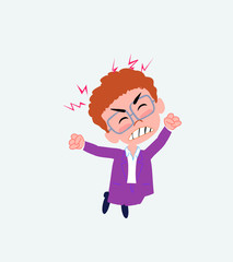Businessman in casual style jumps angry.