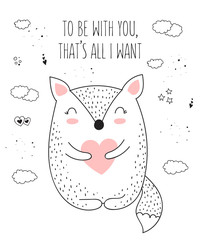 Vector line drawing poster with cute fox and heart