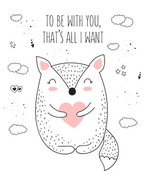 Vector line drawing poster with cute fox and heart