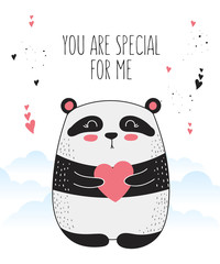 Vector line drawing poster with cute panda and heart