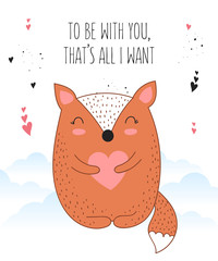 Vector line drawing poster with cute fox and heart