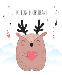Vector line drawing poster with cute deer and heart
