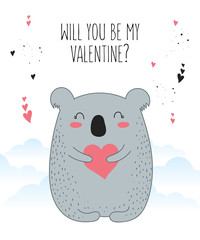 Vector line drawing poster with cute koala and heart