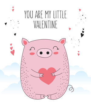 Vector line drawing poster with cute pig and heart