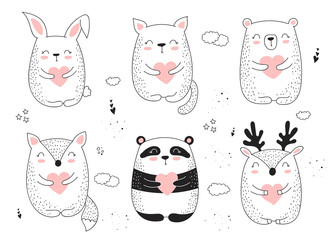 Vector line drawing collection of cute animals with hearts