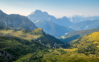Aerial panorama of Dolomites, South Tyrol, Italy, Europe