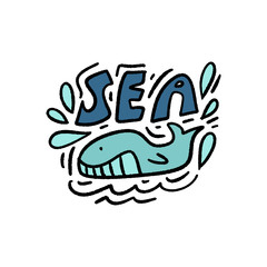 Cute vector whale illustration, hand lettering and decoration elements.