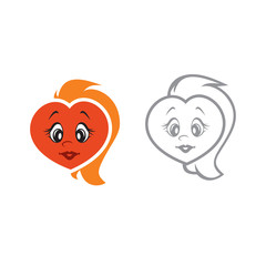 Vector illustration of the character heart girl. Set of vector symbols. The girl in love with fiery hair. Flat design Monohrome