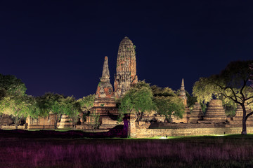 Wat Phra Ram temple light up at night Ayutthaya