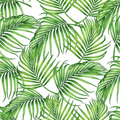 Fototapety  Akwarela malarstwo kokos, banan, liść palmy, zielone liście bezszwowe tło wzór. Akwarela ręcznie rysowane ilustracja tropikalny liść egzotyczny drukuje na tapetę, tekstylia w stylu dżungli Hawaje aloha.