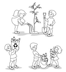 Vector illustration of children cleaning and saving environment.