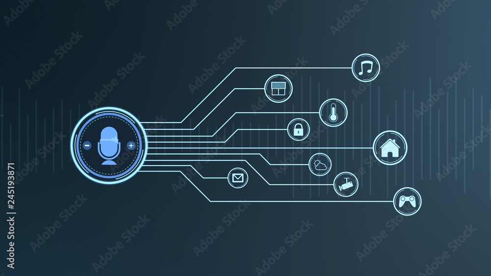 Poster front view of a voice assistant device with iot icons, concept of smart home (3d render)