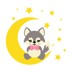 cartoon cute wolf with tie sits on the moon