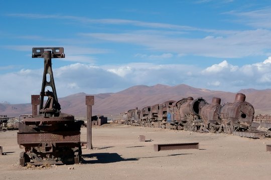 Train with steam locomotive at the railway cemetery, Uyuni, Potosi, Bolivia, South America