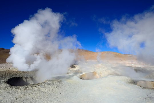 Fumaroles at the highest geothermal field in the world, Sol de Manana, Reserva Nacional de Fauna Andina Eduardo Abaroa, Sur Lipez, Potosi, Bolivia, South America