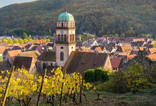 View of Eglise Ste-Croix, Church of the Holy Cross, Kaysersberg, Alsatian Wine Route, Alsace, Departement Haut-Rhin, France, Europe