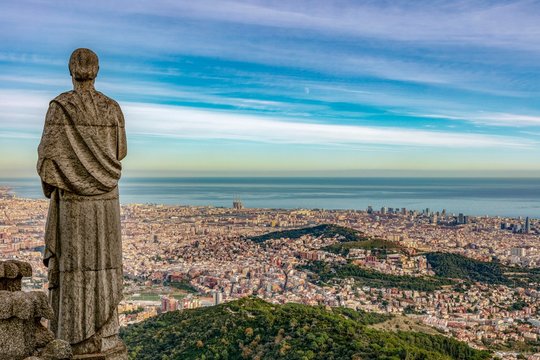 View over the statues of Sagrat Cor Church, Tibidabo, Barcelona, Catalonia, Spain, Europe