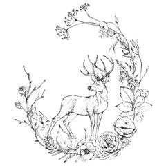 Graphic floral illustration - black & white inked flowers wreath with deer / elk / reindeer for wedding stationary, greetings, wallpapers, fashion, logo, etc. Unique hand-drawn collection.