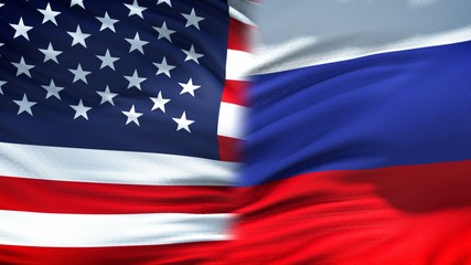 United States and Russia flags background, diplomatic and economic relations