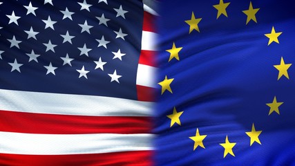 United States and EU flags background diplomatic and economic relations, finance