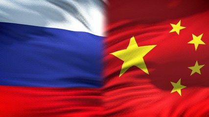 Russia and China flags background, diplomatic and economic relations, finance