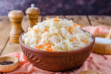 Sauerkraut in a clay bowl.