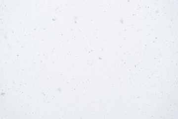 real falling snowflakes on light background, snowstorm weather, natural snow shower on winter day, soft focus