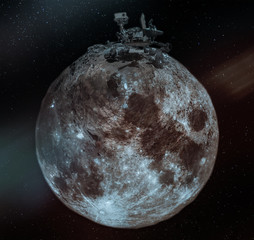 Fototapeta premium Collage with huge rover on the small moon. Concept of moon exploration, lunar program. Elements of this image furnisfurnished by NASA.