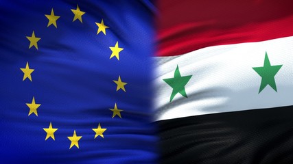 European Union and Syria flags background, diplomatic and economic relations