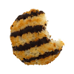 Dark chocolate striped macaroon with a bite missing on a white background