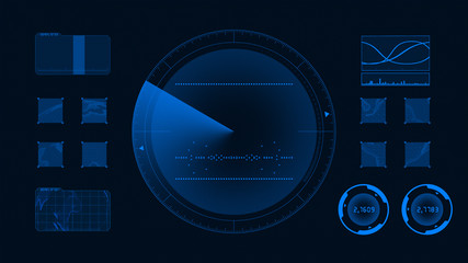 Futuristic technological interface. Blue background GUI - obrazy, fototapety, plakaty