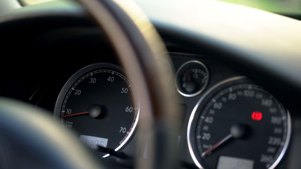 Modern car dashboard and steering wheel closeup, vehicle and transportation