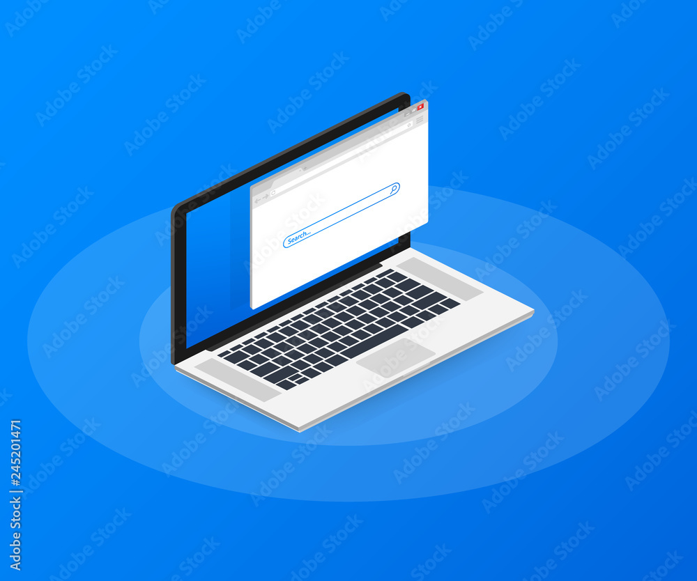 Poster simple browser window on laptop on blue background. browser search. web browser in flat style. vecto