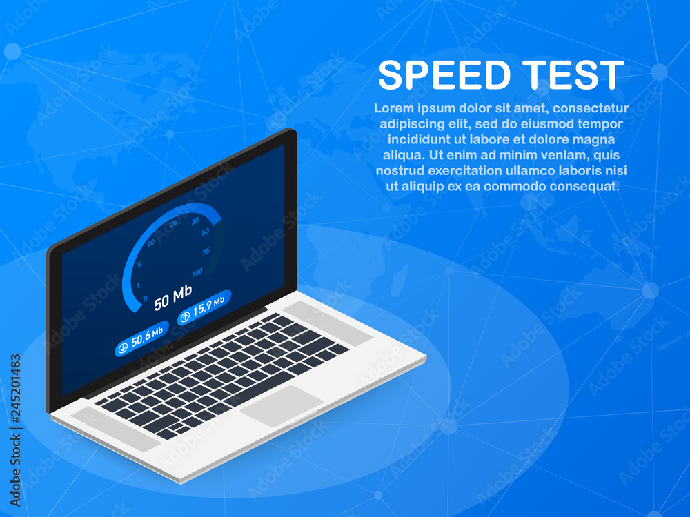 Poster speed test on laptop. speedometer internet speed 100 mb. website speed loading time. vector illustra