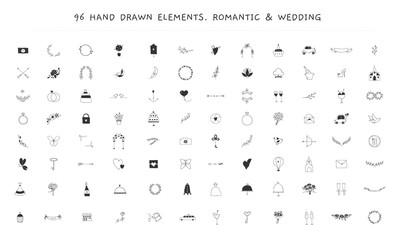 Fototapeta na wymiar Big wedding and romantic logo elements set. Vector hand drawn objects.