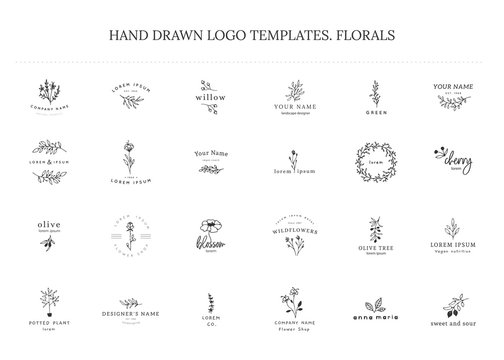 Vector set of floral hand drawn logo templates in elegant and minimal style.