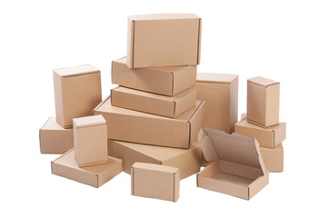 Many brown cardboard boxes isolated on white background