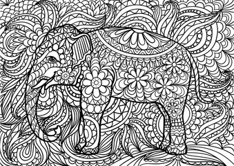 Indian elephant doodle coloring for adults. Hand drawn doodle.