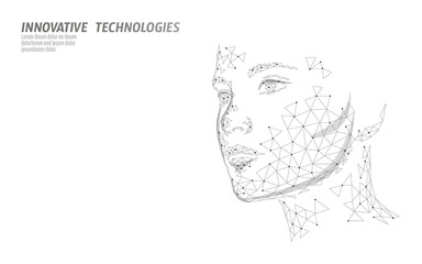 Low poly female human face biometric identification. Recognition system concept. Personal data secure access scanning innovation technology. 3D polygonal rendering vector illustration