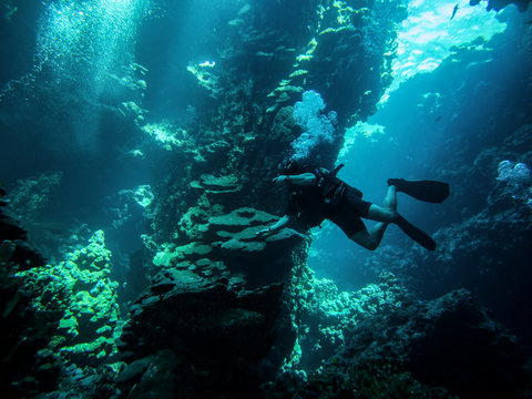 Male scuba diver swimming in red sea
