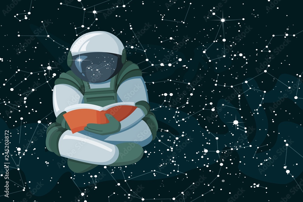 Wall mural cartoon floating astronaut reading a book on space coloed background