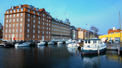 Fototapeta na wymiar Ancient architecture with waving flag in Copenhagen harbor, tourism, resort