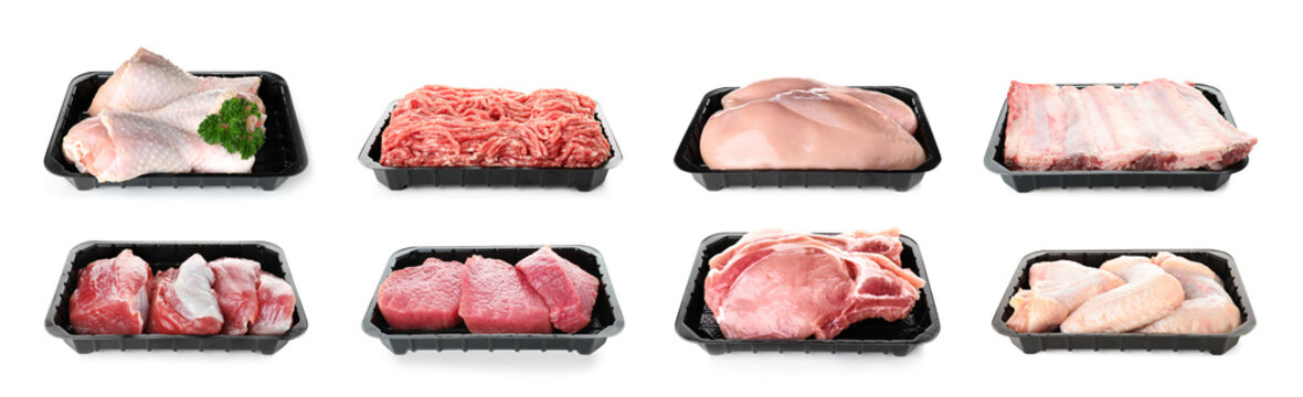 Set of plastic containers with different raw meat on white background