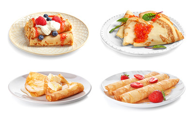 Set of plates with tasty thin pancakes and different toppings on white background
