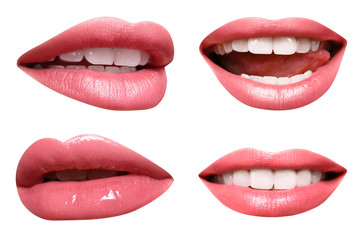 Set of mouths with beautiful make-up isolated on white. Pink lipstick