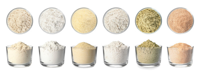 Set of organic flour in glass bowls on white background