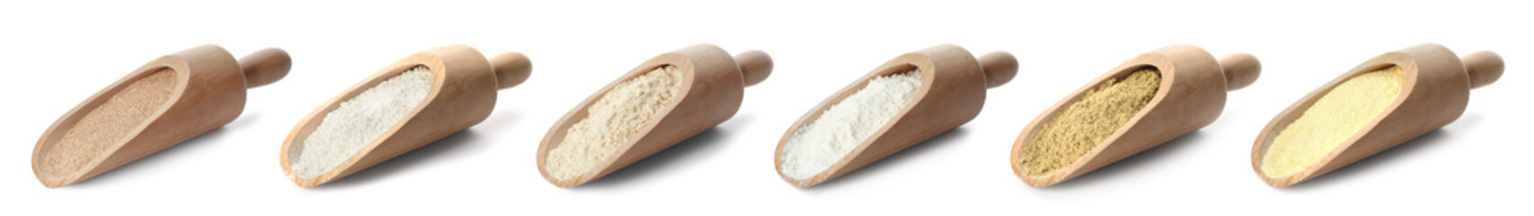 Set of organic flour in wooden scoops on white background