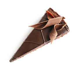 Piece of tasty homemade chocolate cake on white background, top view