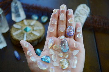 Hipster healing crystal display, bright shiny gems and stones. Witchy crystal healing and...
